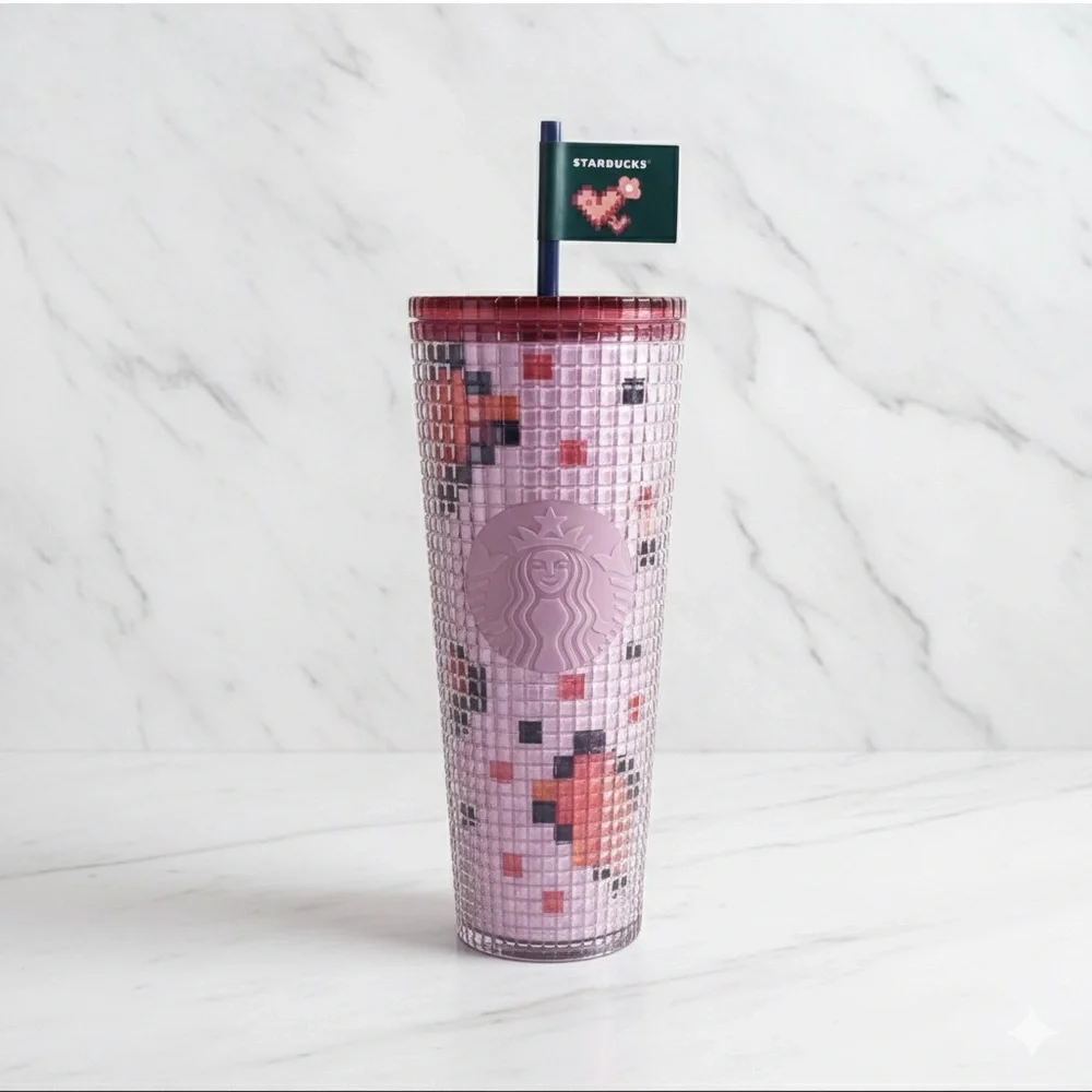 Starbucks 2025 Pixel Grid Heart Cold Cup Venti 24oz Pink Red NWT